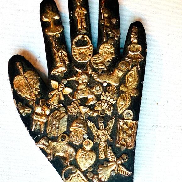 Folk Art Milagro Hand with Charms – Boho Religious Wall Decor - Picture 4 of 4
